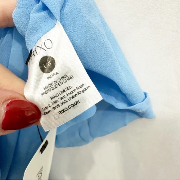 RIXO London Indra Long Bell Sleeve Metallic Print Midi Maxi Dress in Blue - Picture 14 of 14